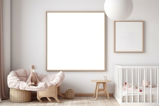 Mock up poster frame in white cozy children room interior background, 3D render, Generative AI