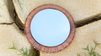 Round mirror dry desert land, reflection of the sky in mirror.