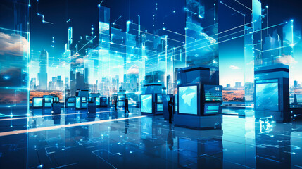 A landscape dotted with digital ATMs, signifying the blend of physical and digital in modern banking