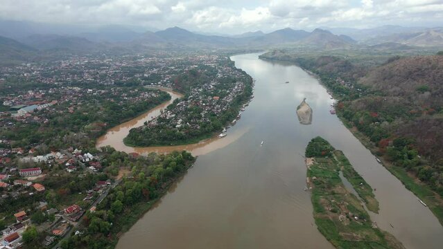 Aerial view of Mekong river landscape In Luang Prabang, Lao.