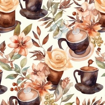 Coffee flowers watercolor pattern. AI generated