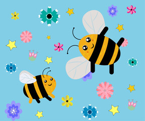 Vector illustration with bees and flowers