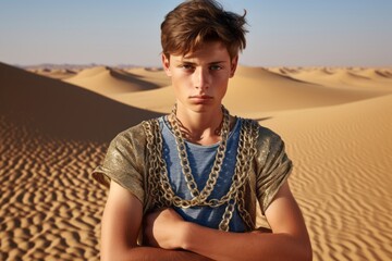 Fototapeta na wymiar Lifestyle portrait photography of a glad boy in his 20s crossing arms over chest showing off a bold body chain at the darvaza gas crater in derweze turkmenistan. With generative AI technology