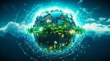 A digital globe radiating green hues, symbolizing a world powered by sustainable technology - obrazy, fototapety, plakaty