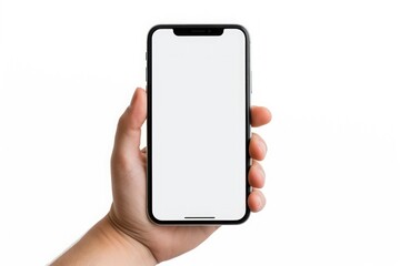 Realistic hand holding phone white background. Generative AI.