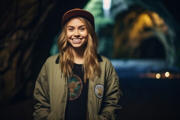 Fototapeta premium Environmental portrait photography of a grinning kid female smirking sporting a stylish varsity jacket at the waitomo glowworm caves in waikato new zealand. With generative AI technology