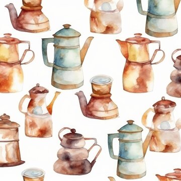Coffee pot pattern watercolor style. AI generated
