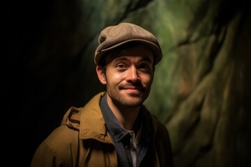 Fototapeta premium Headshot portrait photography of a blissful boy in his 30s clenching fists wearing a stylish beret at the waitomo glowworm caves in waikato new zealand. With generative AI technology