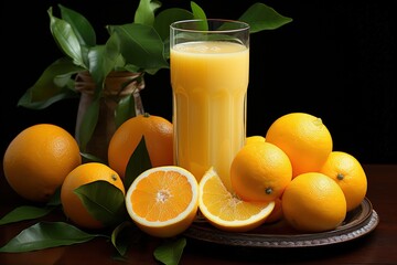 Glass of fresh orange juice and oranges on wooden table, black background. 