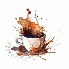 Coffee splash with cup on white background in watercolor style. AI generated