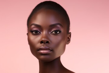Beautiful african american woman with makeup on pink background.Generative Ai