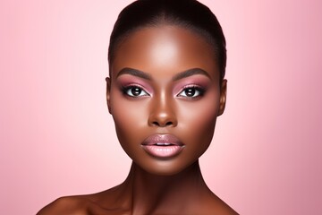 Beautiful african american woman with makeup on pink background.Generative Ai
