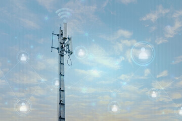 Obraz premium Signal tower or Mobile phone tower .Telecommunication tower with 5G cellular network . Global connection and internet network concept