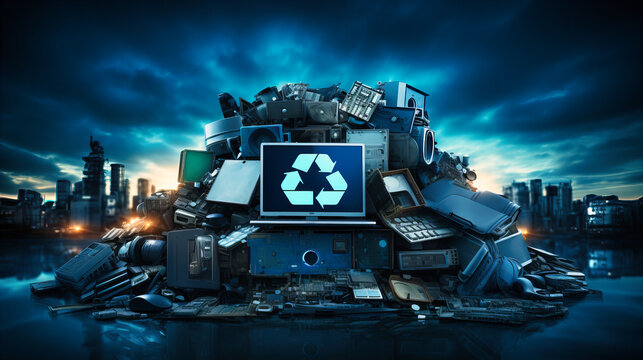 A digital recycle symbol with various tech waste items morphing into new devices