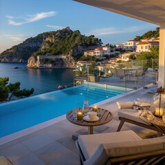 Fototapeta premium view of the sea from te hotel room, this design was generated with artificial intelligence