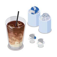 カフェラテとガムシロップとミルクのアイソメトリックベクターイラスト