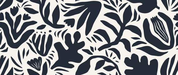 Hand drawn leaf abstract seamless pattern leaves and flowers.	