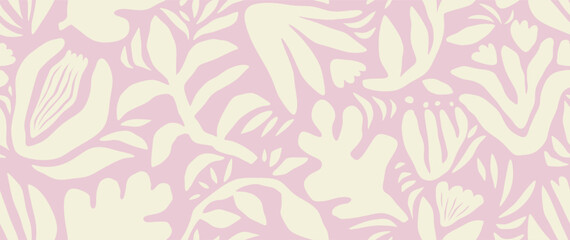 Hand drawn minimal abstract organic shapes seamless pattern, leaves and flowers.	