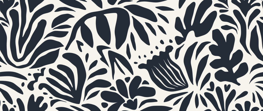 Hand drawn minimal abstract organic shapes seamless pattern, leaves and flowers.	