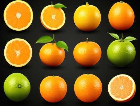 collection of oranges and limes with leafs on black background. each one is shot separately. 