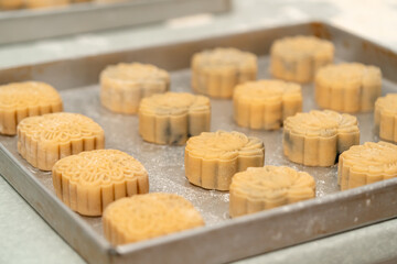 Mooncake making process. A mooncake  is a Chinese bakery product traditionally eaten during the Mid-Autumn Festival.