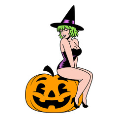 Vector Cartoon Cute Pin Up Witch Isolated