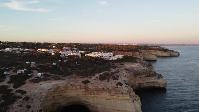 Descending Aerial Landscape Sea and Rocks - Portugal Europe. Ocean Coast with cliffs and beautiful scenery drone shot.