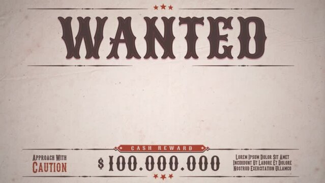 Wanted Dead Or Alive Western Movie Background/ 4k animation of a vintage old wanted placard poster with dead or alive mention, one hundred million cash reward and grunge texture