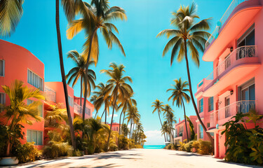 Naklejka premium miami beach has many tall buildings that have palm trees on them,
