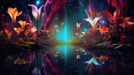 Cosmic lily in universe. Fantasy fairy tale abstract blossoming flowers with galaxy space illustration in the background with stars in cosmos. Neon psychedelic floral picture for card and banner..