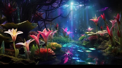 Fototapeta premium Cosmic lily in universe. Fantasy fairy tale abstract blossoming flowers with galaxy space illustration in the background with stars in cosmos. Neon psychedelic floral picture for card and banner..