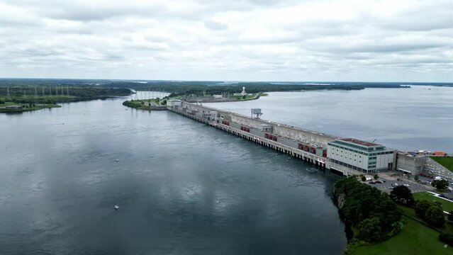 Aerial Drone Hydro Dam Hydroelectric Electricity Bridge Saunders in Cornwall Ontario Canada