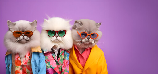 Obraz premium Creative animal concept. Persian Cat Kitten kitty in a group, vibrant bright fashionable outfits isolated on solid background advertisement, copy text space. birthday party invite invitation banner