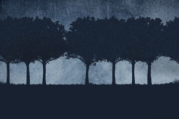 A row of trees on a hilltop are seen with a grunge sky background in this illusration.