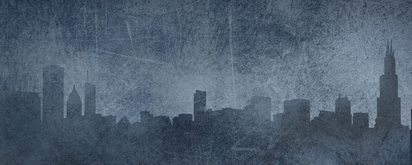 The Chicago skyline is seen in a grunge and haze filled atmosphere in a dark blue grey color theme.