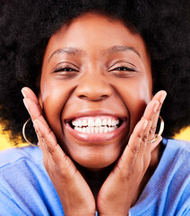 Smile, excited and portrait of black woman on yellow background for good news, wow and surprise....