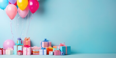 Gift box and balloons Birthday. Black Friday sale. Background mother day, xmas, christmas, wedding, valentine day, new year. Holiday banner, web poster, flyer, cover card, Festive celebrate backdrop