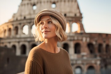 Lifestyle portrait photography of a blissful girl in her 40s wearing a stylish beret against the colosseum in rome italy. With generative AI technology - obrazy, fototapety, plakaty
