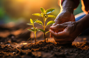 a person planting a small tree in dirt