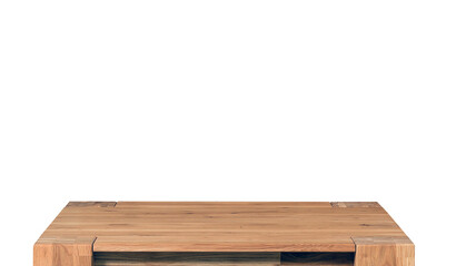 Wooden table top surface isolated over white background. Solid wood furniture close view 3D illustration. Empty table top cooking presentation template