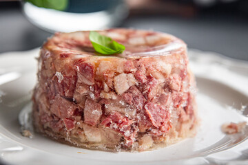 meat brawn food Sülze pieces of meat in jelly pork, beef meat product ready to eat meal food snack on the table copy space food background rustic top view