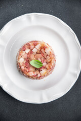 meat brawn food Sülze pieces of meat in jelly pork, beef meat product ready to eat meal food snack on the table copy space food background rustic top view