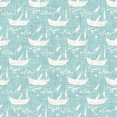 Fototapeta premium Teal aqua white vibrant watercolor batik azulejos tile background. Seamless coastal blur linen effect geometric mosaic effect.Boho Patchwork nautical masculine all over summer fashion repeat.