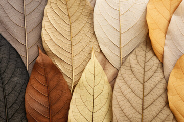 Autumn leaf close up shot background in soft golden orange brown colours. Dry leaves texture backdrop