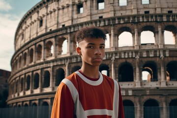 Medium shot portrait photography of a tender boy in his 20s wearing a high-performance basketball jersey against the colosseum in rome italy. With generative AI technology