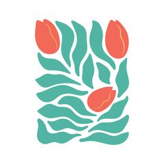 Simple abstract hand drawn tulip branches wall art, poster. Vector bold bright flowers shape