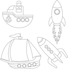 outline adorable transportation clipart set in cartoon style for kids and children includes 4 vehicles
