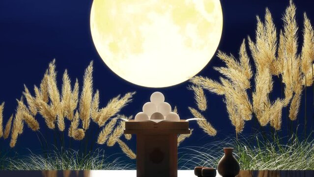 満月と風に揺れるススキとお供えの月見団子 / 十五夜・中秋の名月・お月見のモーションイメージ / 3Dレンダリング