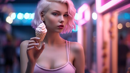 Beautiful girl with ice cream in a waffle cone in the night city