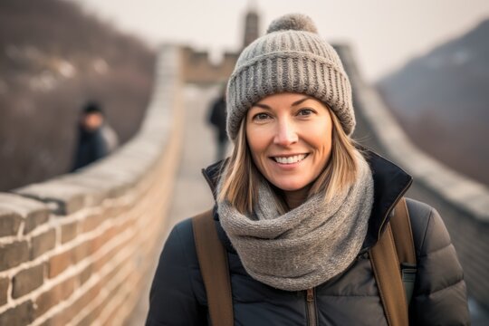 Lifestyle portrait photography of a merry girl in her 40s wearing a warm wool beanie at the great wall of china in beijing china. With generative AI technology